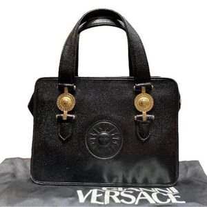 Vintage Gianni Versace Black Pebbled Leather Satchel with Gold Medallion Accents